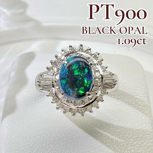 【美品】PT900 ブラックオパール 1.09ctリング ダイヤ巻き