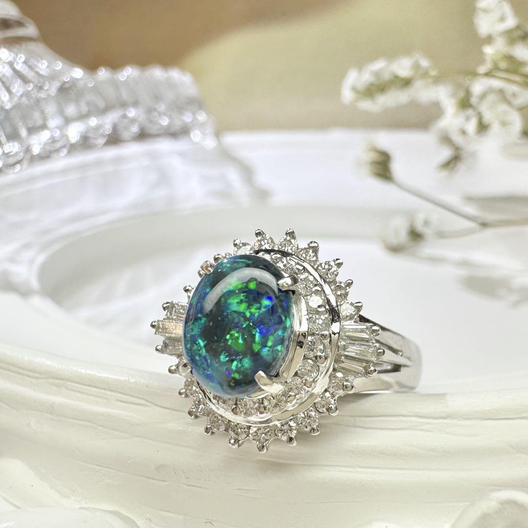 【美品】PT900 ブラックオパール 1.09ctリング ダイヤ巻き