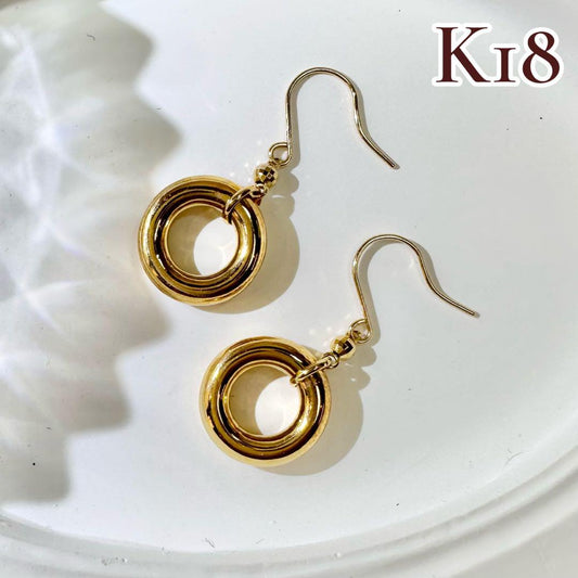【K18】ダブルリング フックピアス ゴールド