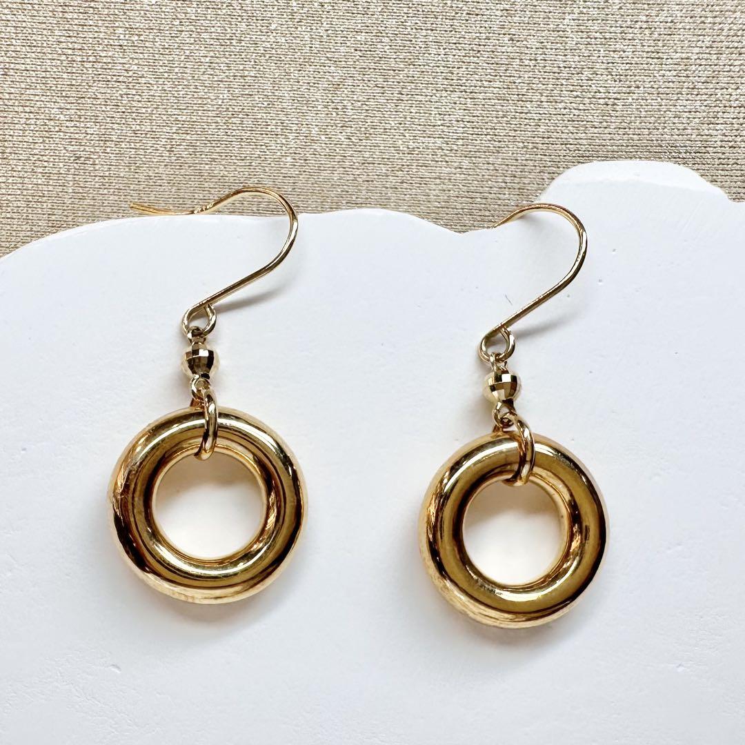 【K18】ダブルリング フックピアス ゴールド