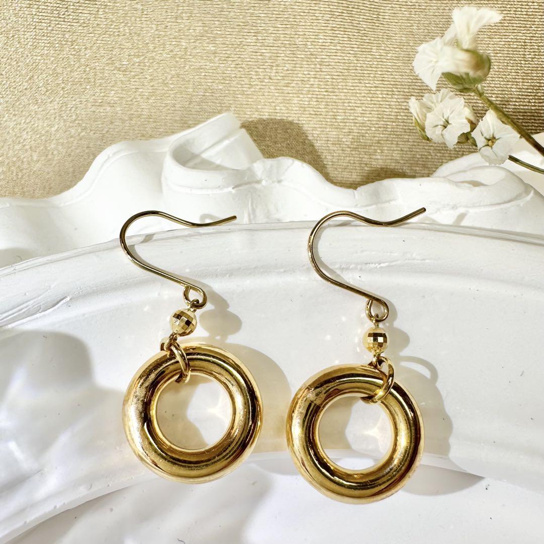 【K18】ダブルリング フックピアス ゴールド