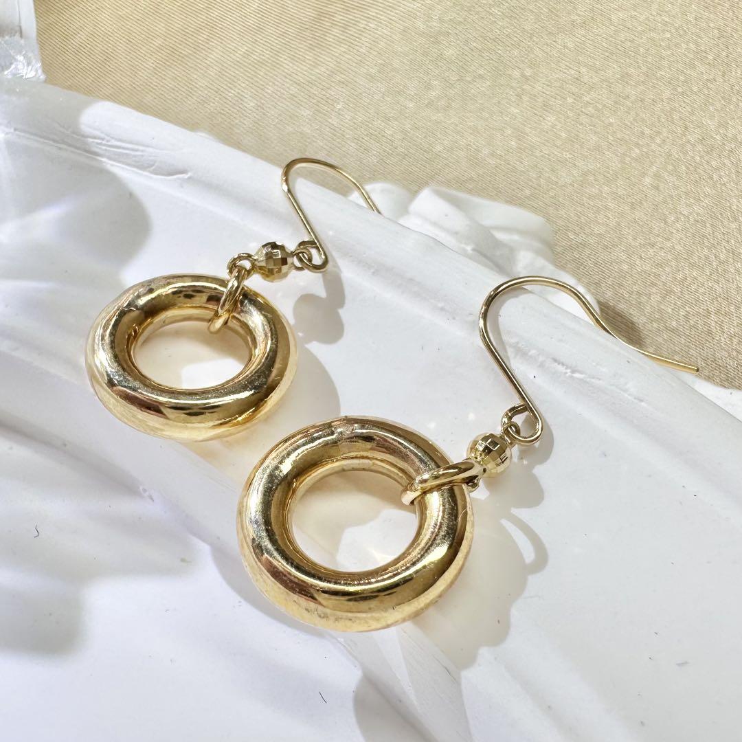 【K18】ダブルリング フックピアス ゴールド