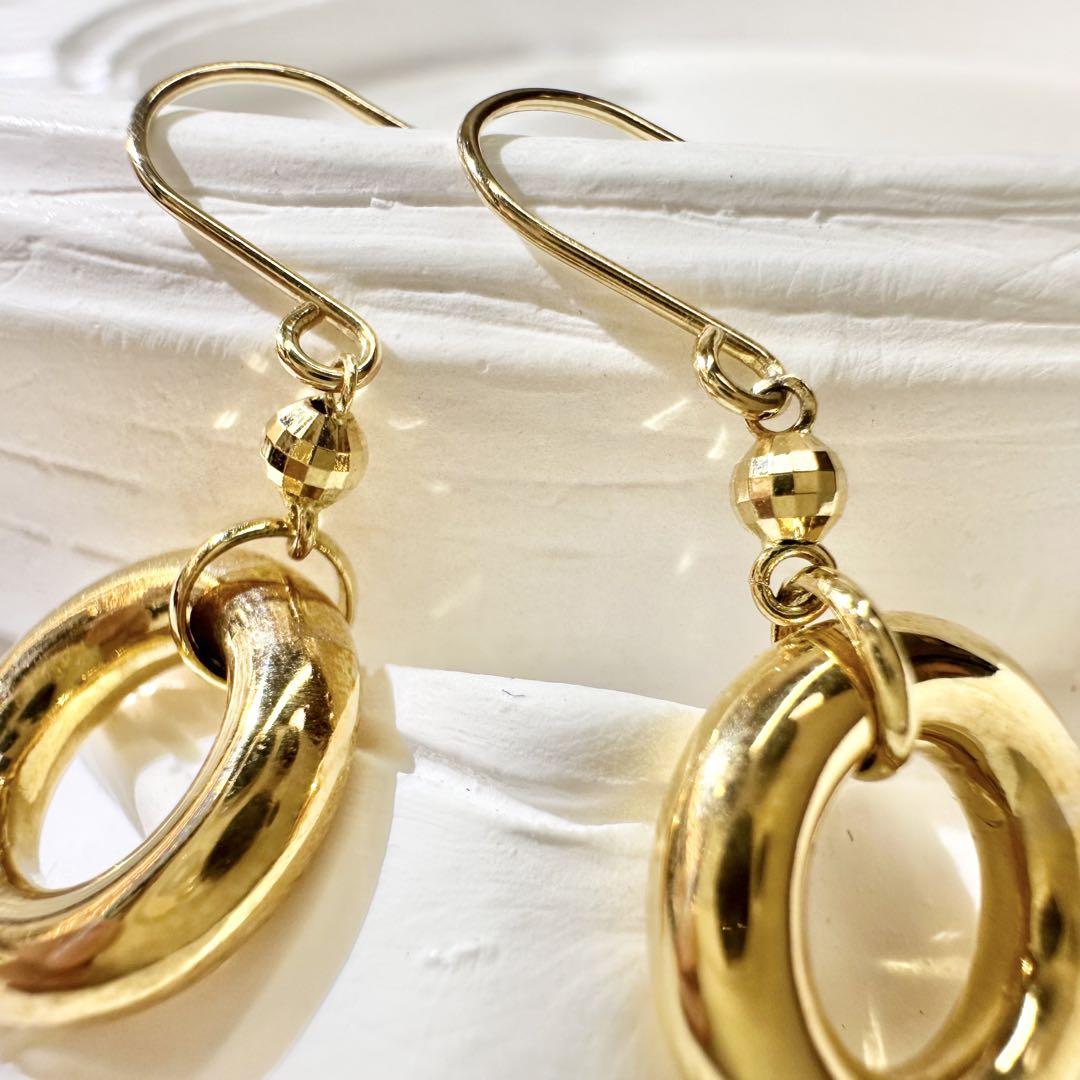 【K18】ダブルリング フックピアス ゴールド