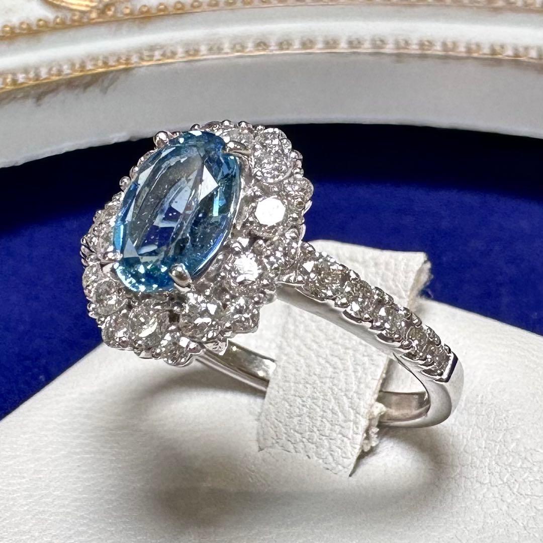 PT950 アクアマリン0.88ct ダイヤモンドリング