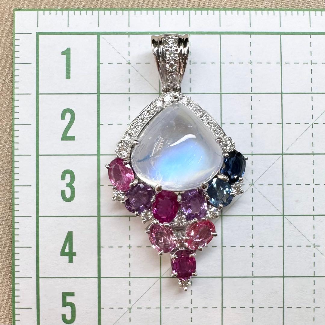K18WG ブルームーンストーン10.85ct サファイア ペンダント