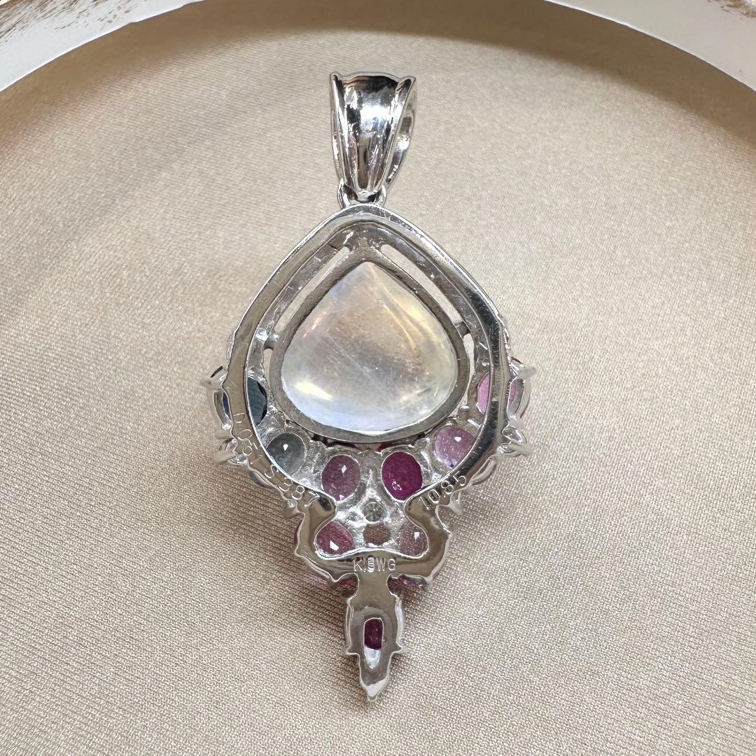 K18WG ブルームーンストーン10.85ct サファイア ペンダント