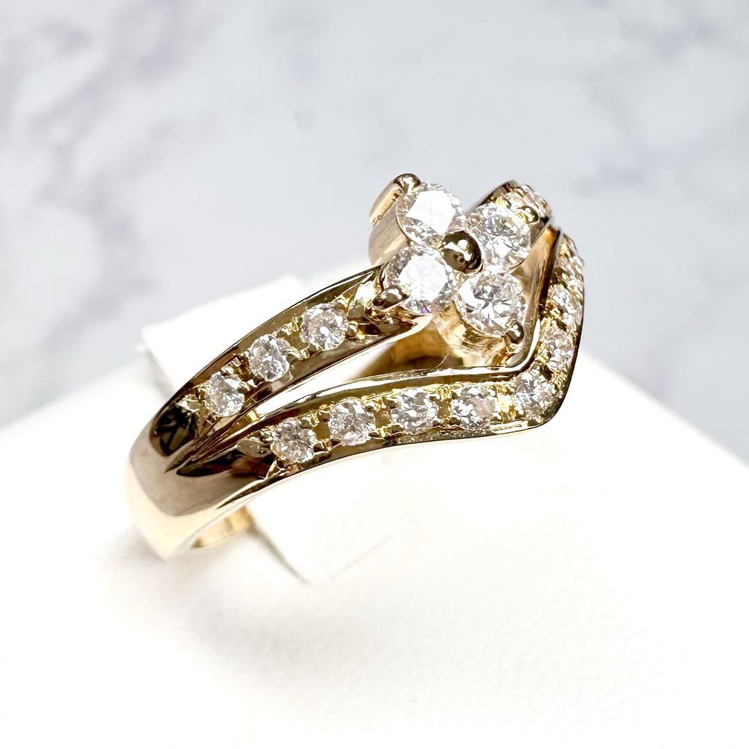 【K18】天然ダイヤモンド0.35ct　V字重ねつけデザイン