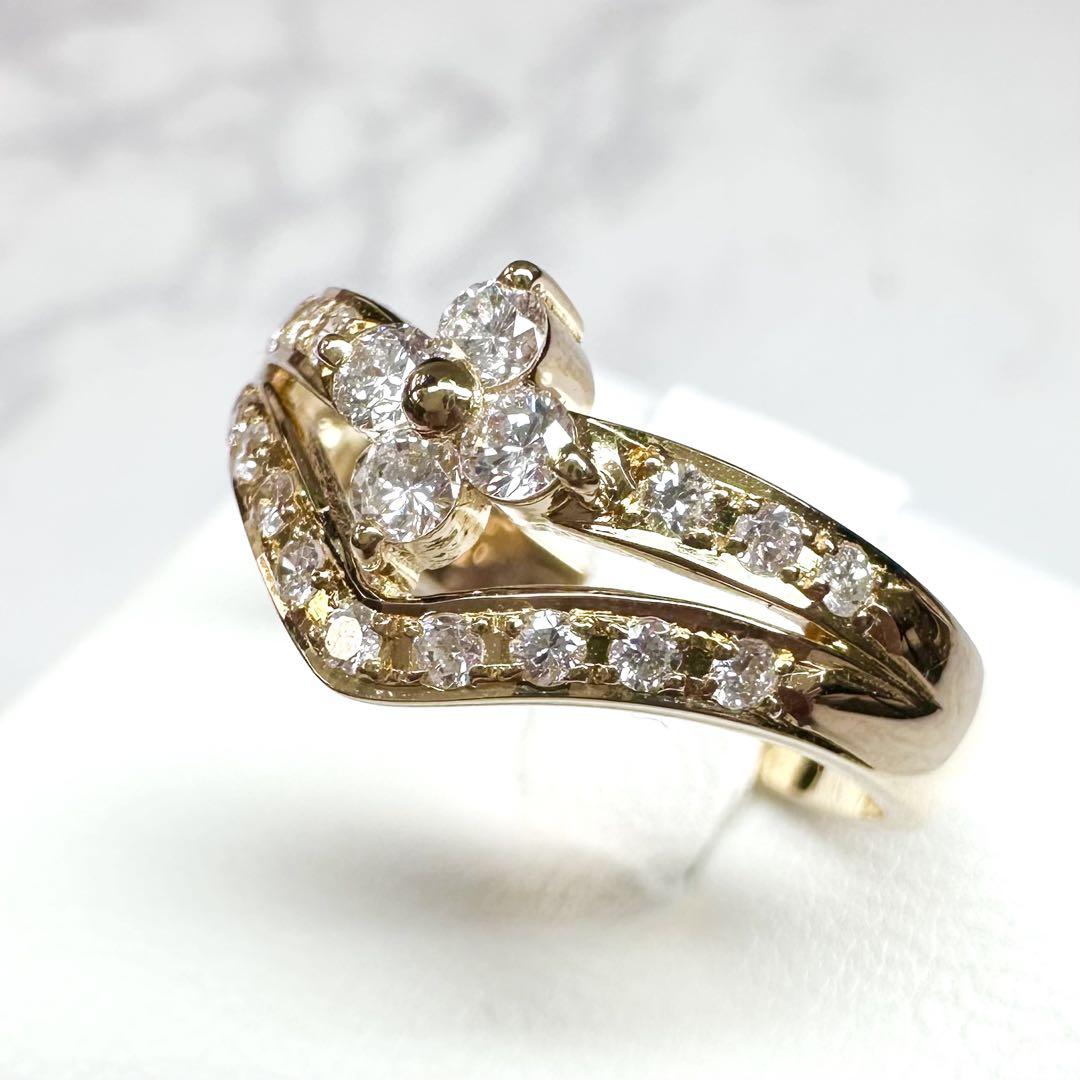 【K18】天然ダイヤモンド0.35ct　V字重ねつけデザイン