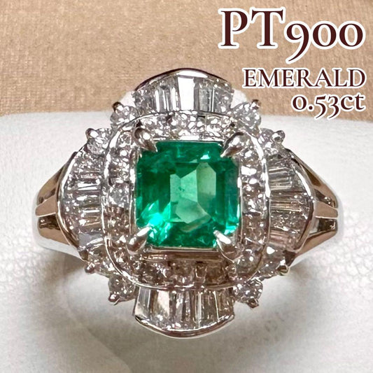 PT900 エメラルド バゲットダイヤ リング 0.53ct