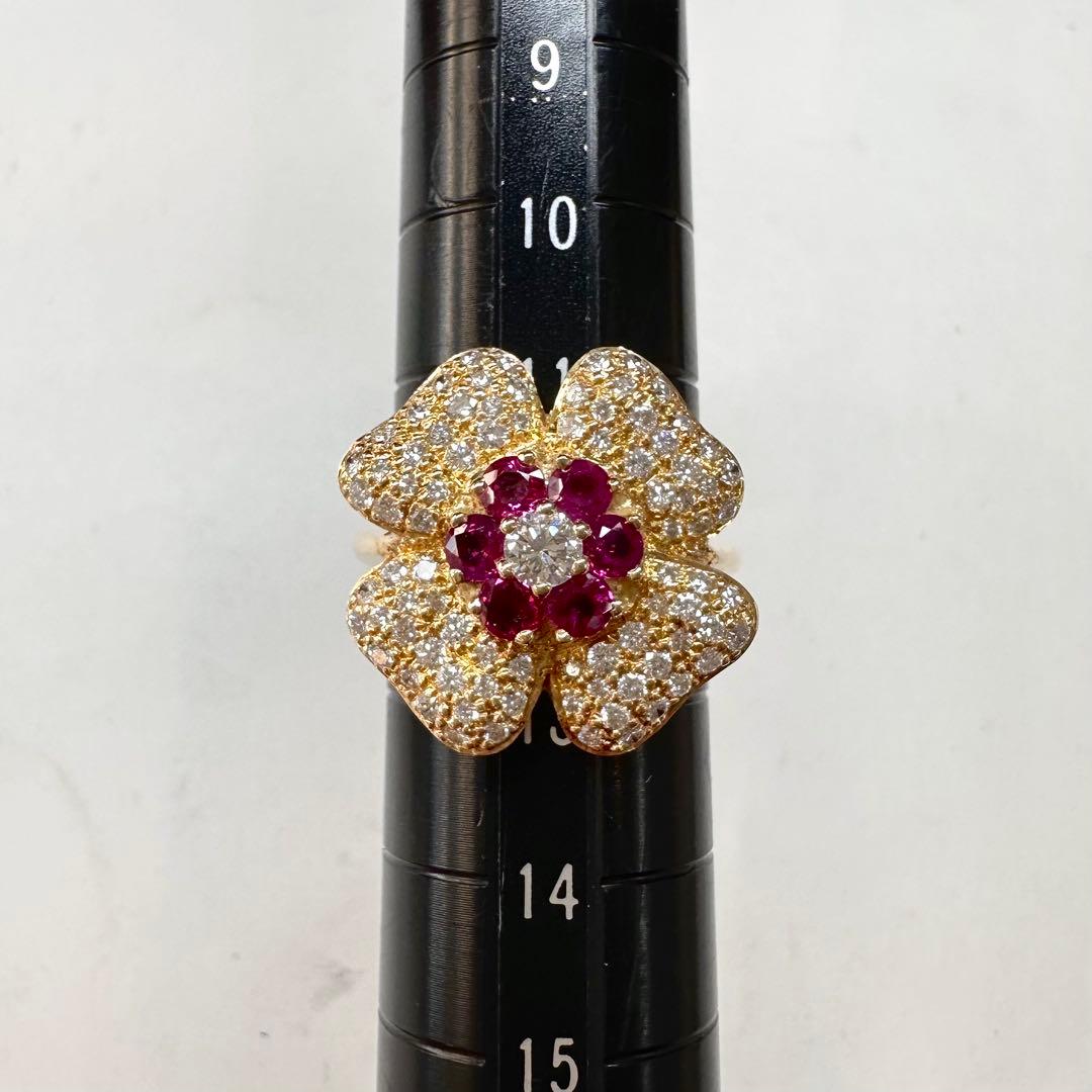 K18 ルビー 0.77ct ダイヤモンド フラワーリング　デザイン
