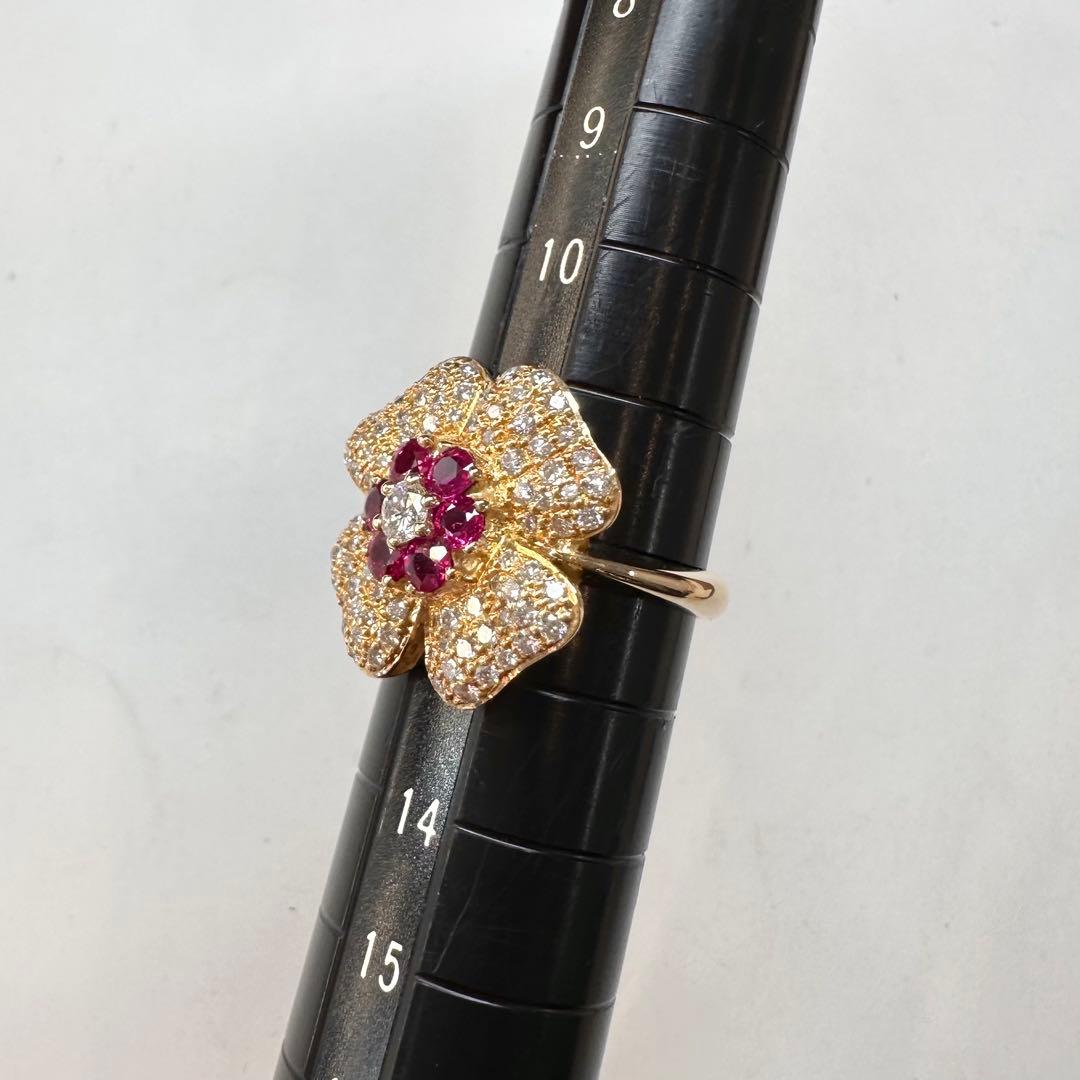 K18 ルビー 0.77ct ダイヤモンド フラワーリング　デザイン