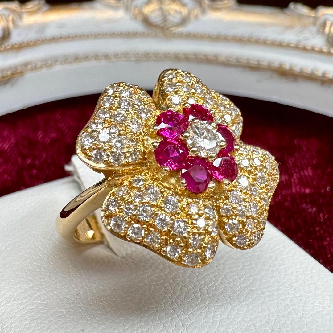 K18 ルビー 0.77ct ダイヤモンド フラワーリング　デザイン