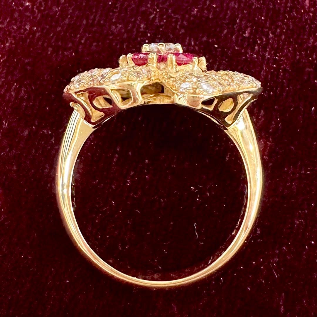 K18 ルビー 0.77ct ダイヤモンド フラワーリング　デザイン
