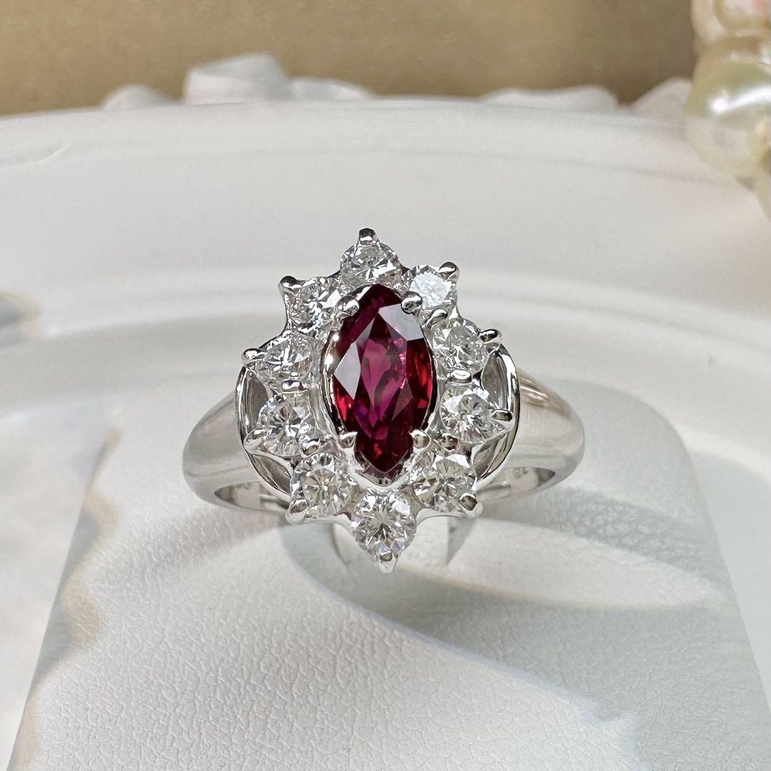 【美品】PT900 ルビー0.64ct リング デザイン ダイヤ　マーキス