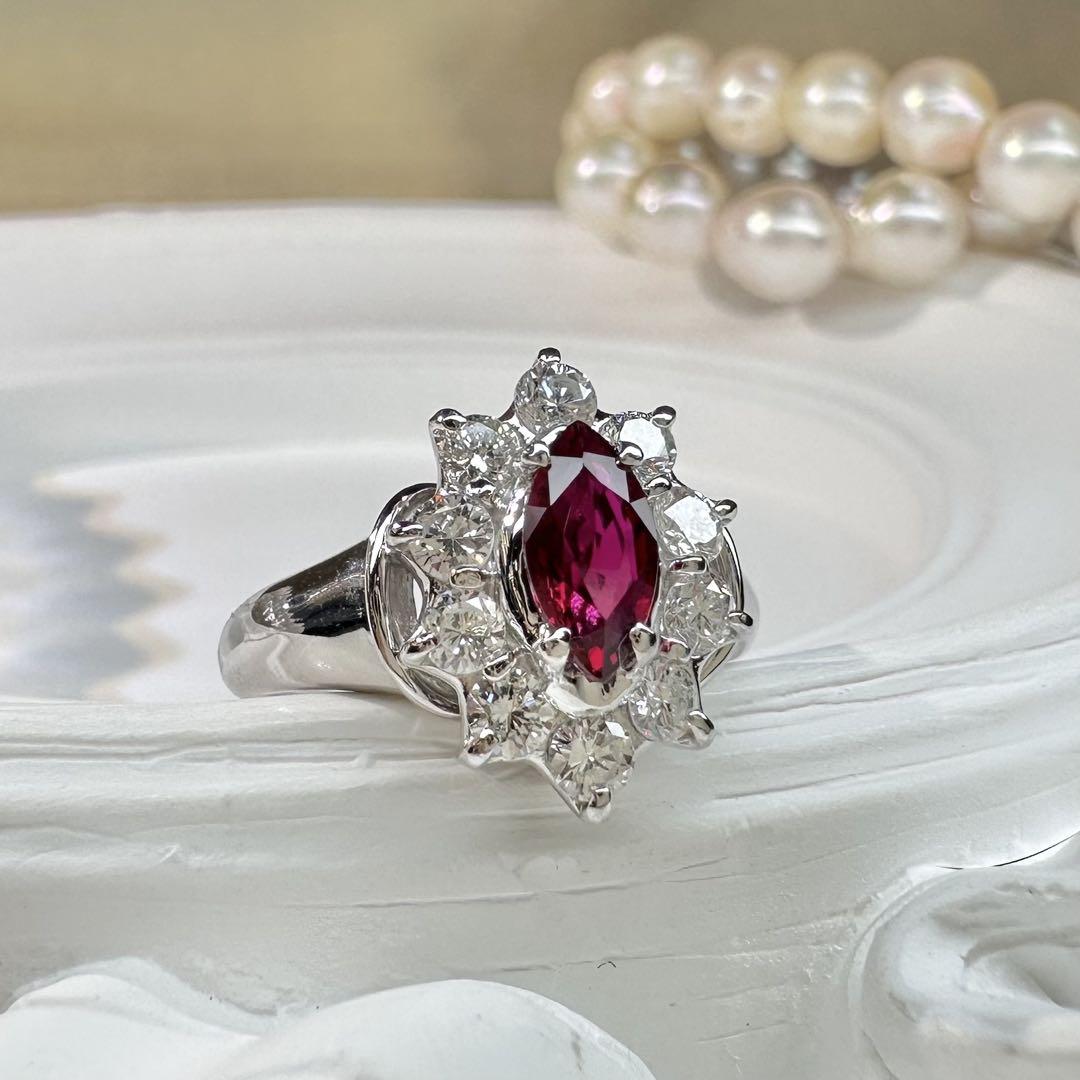 【美品】PT900 ルビー0.64ct リング デザイン ダイヤ　マーキス