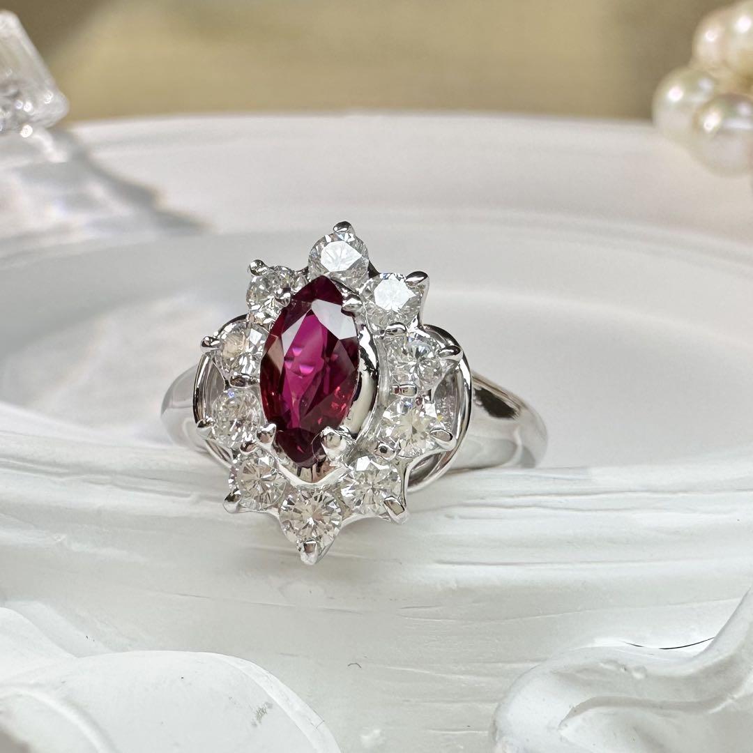 【美品】PT900 ルビー0.64ct リング デザイン ダイヤ　マーキス