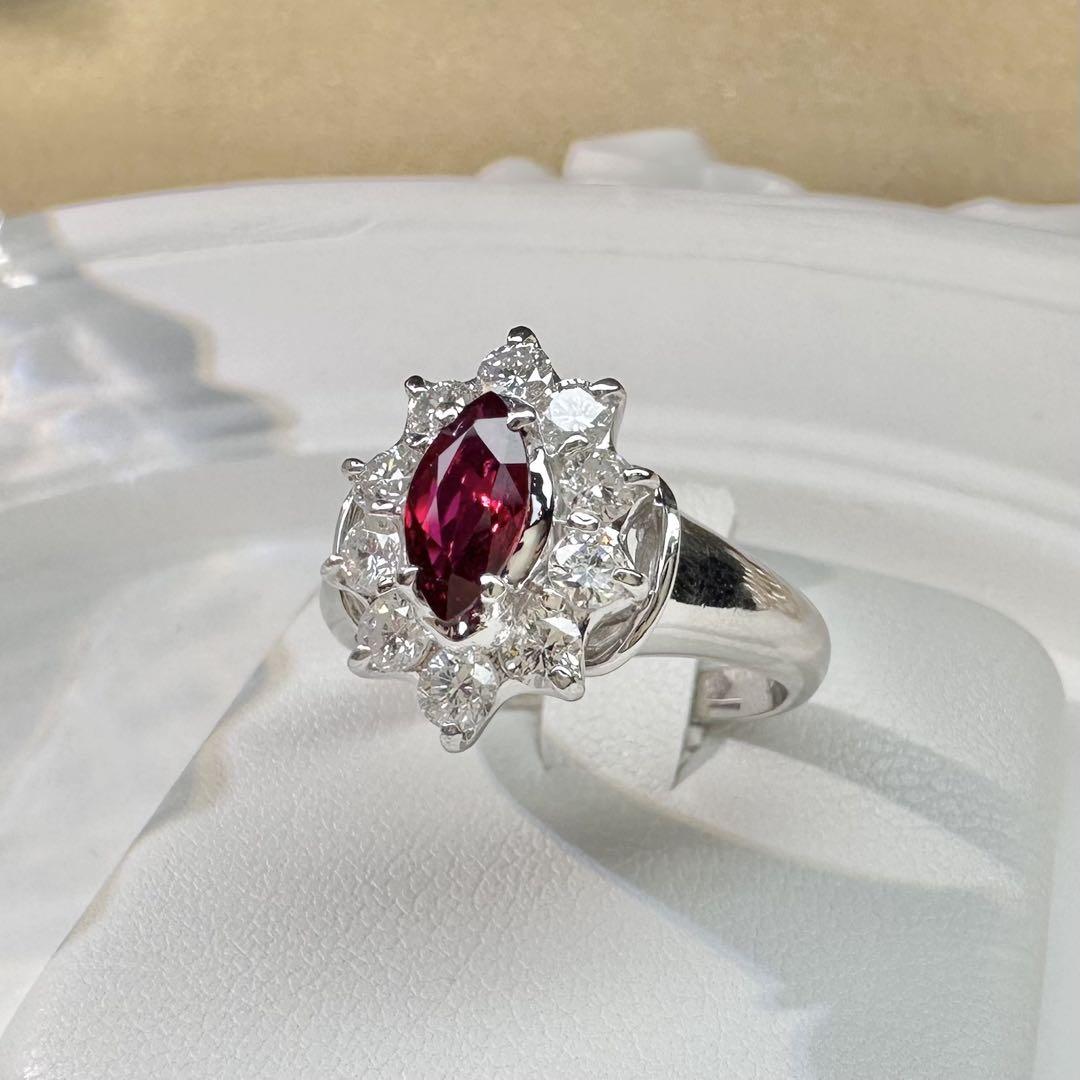 【美品】PT900 ルビー0.64ct リング デザイン ダイヤ　マーキス