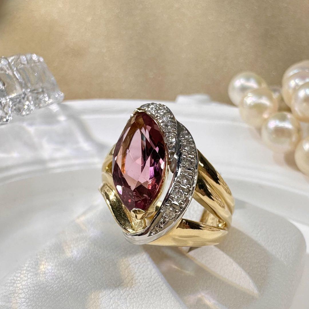 【美品】K18/PT900 トルマリン 3.2ct ダイヤ リング