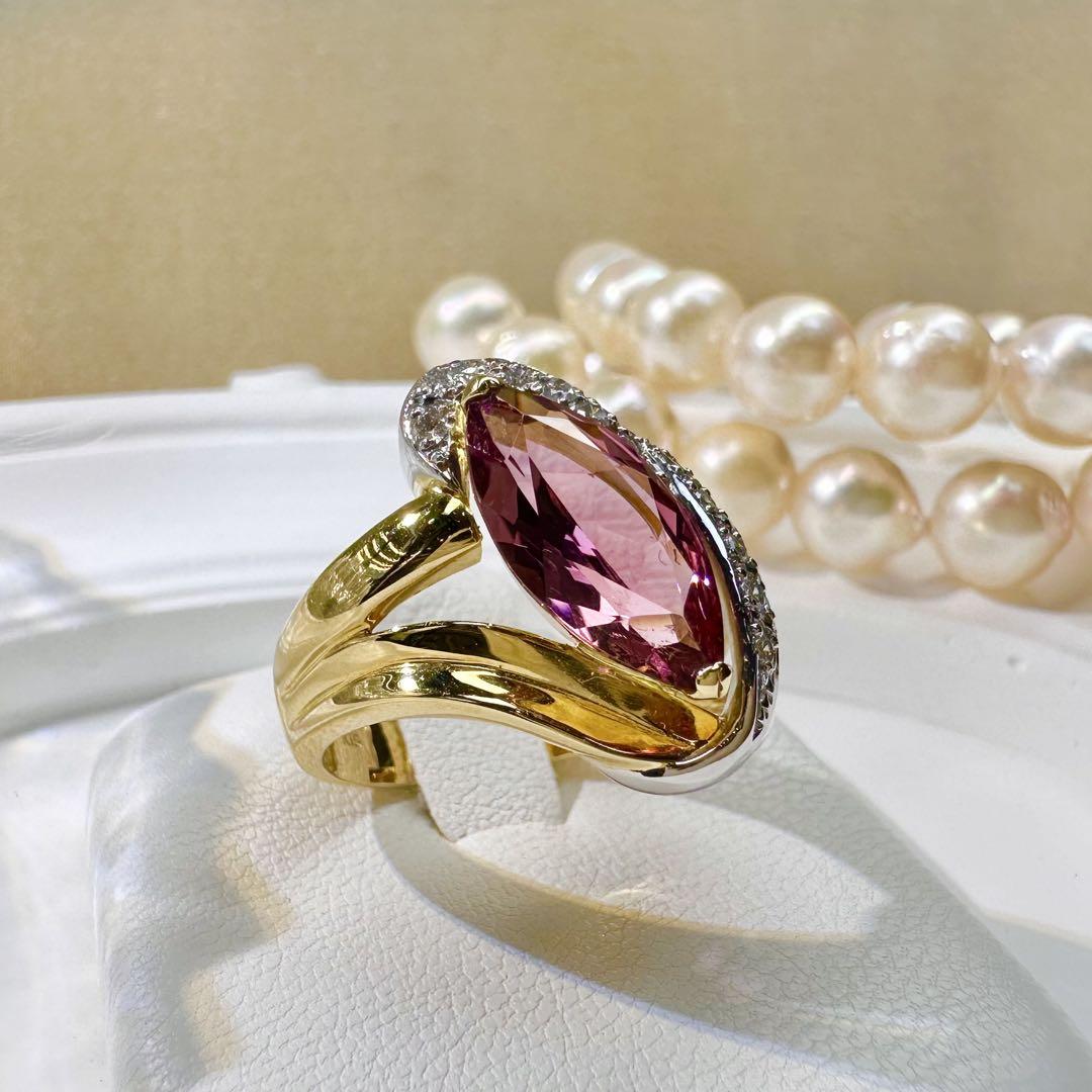 【美品】K18/PT900 トルマリン 3.2ct ダイヤ リング