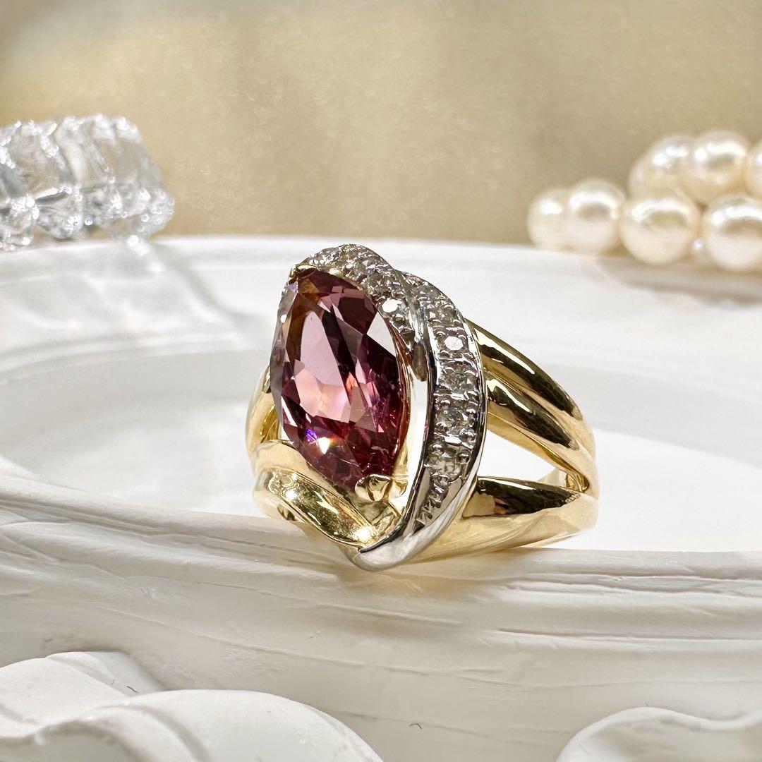 【美品】K18/PT900 トルマリン 3.2ct ダイヤ リング