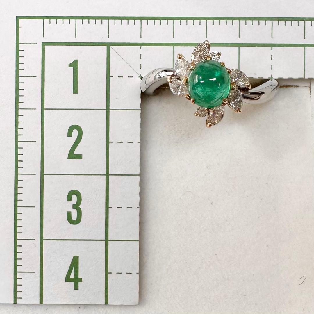 K18/PT900 エメラルド カボション 0.87ct ダイヤリング
