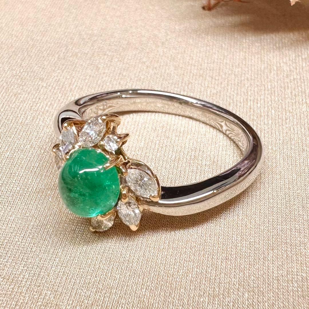 K18/PT900 エメラルド カボション 0.87ct ダイヤリング