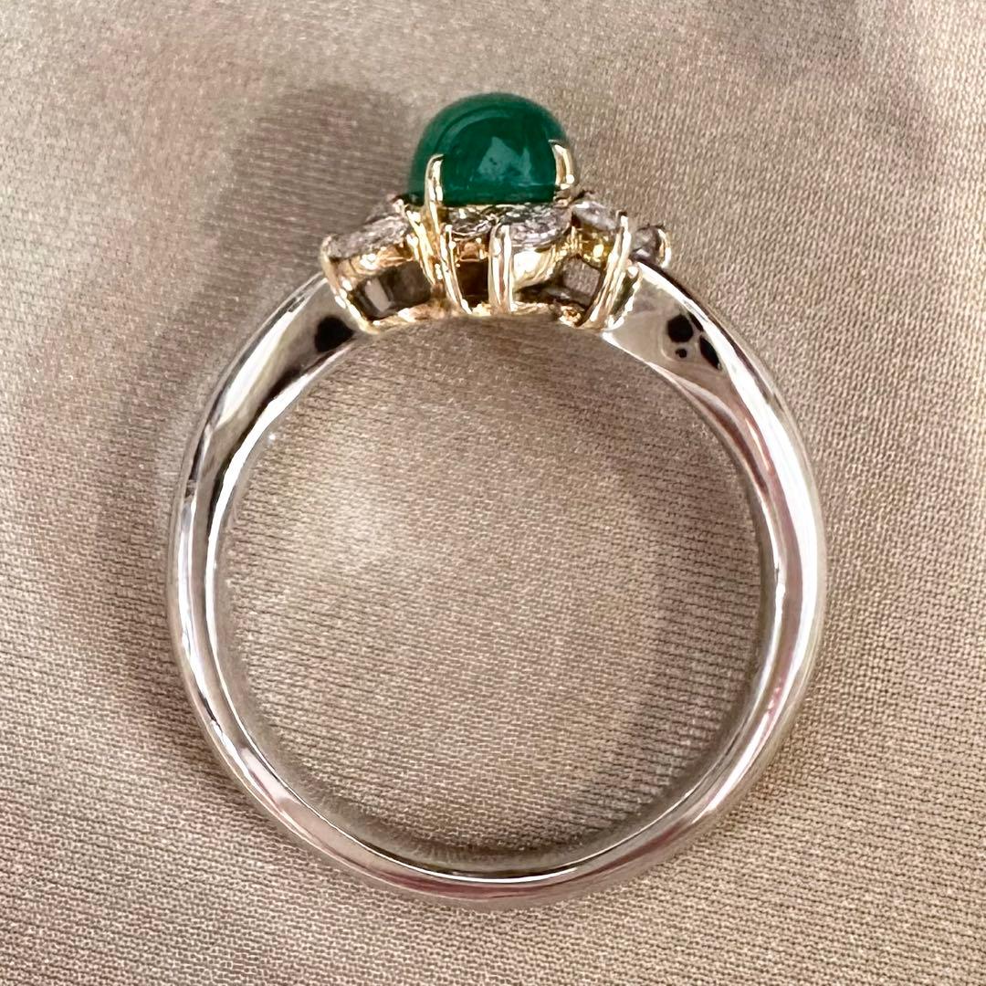 K18/PT900 エメラルド カボション 0.87ct ダイヤリング