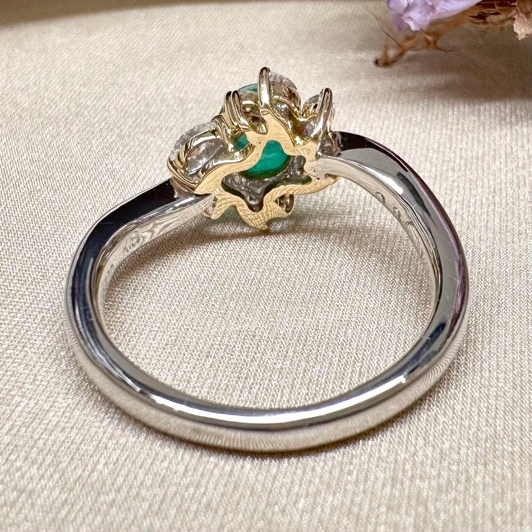 K18/PT900 エメラルド カボション 0.87ct ダイヤリング
