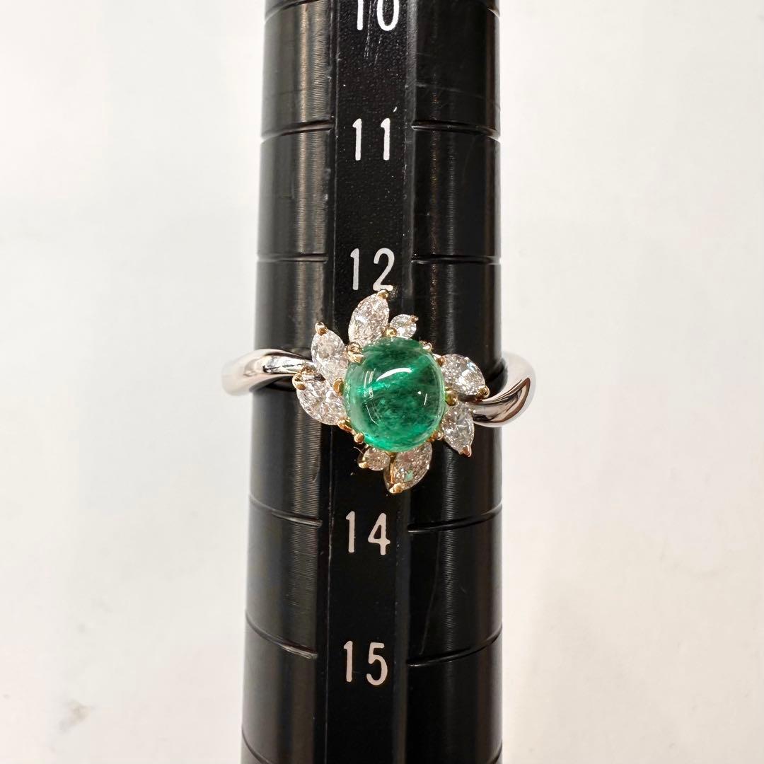 K18/PT900 エメラルド カボション 0.87ct ダイヤリング