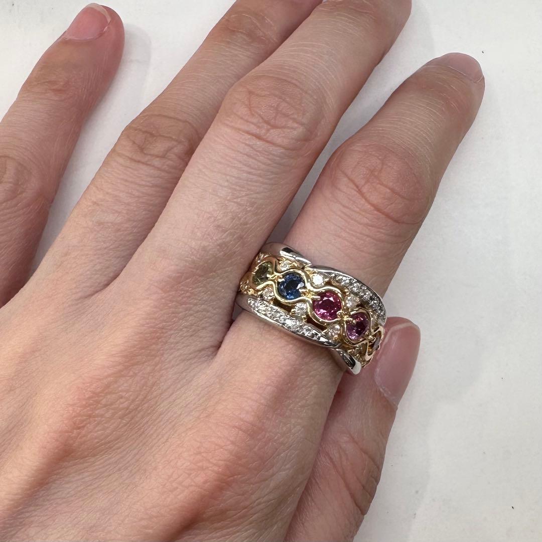 【美品】PT900/K18 カラーサファイア 1.11ct ダイヤモンド リング