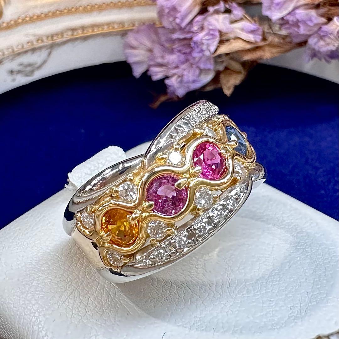 【美品】PT900/K18 カラーサファイア 1.11ct ダイヤモンド リング