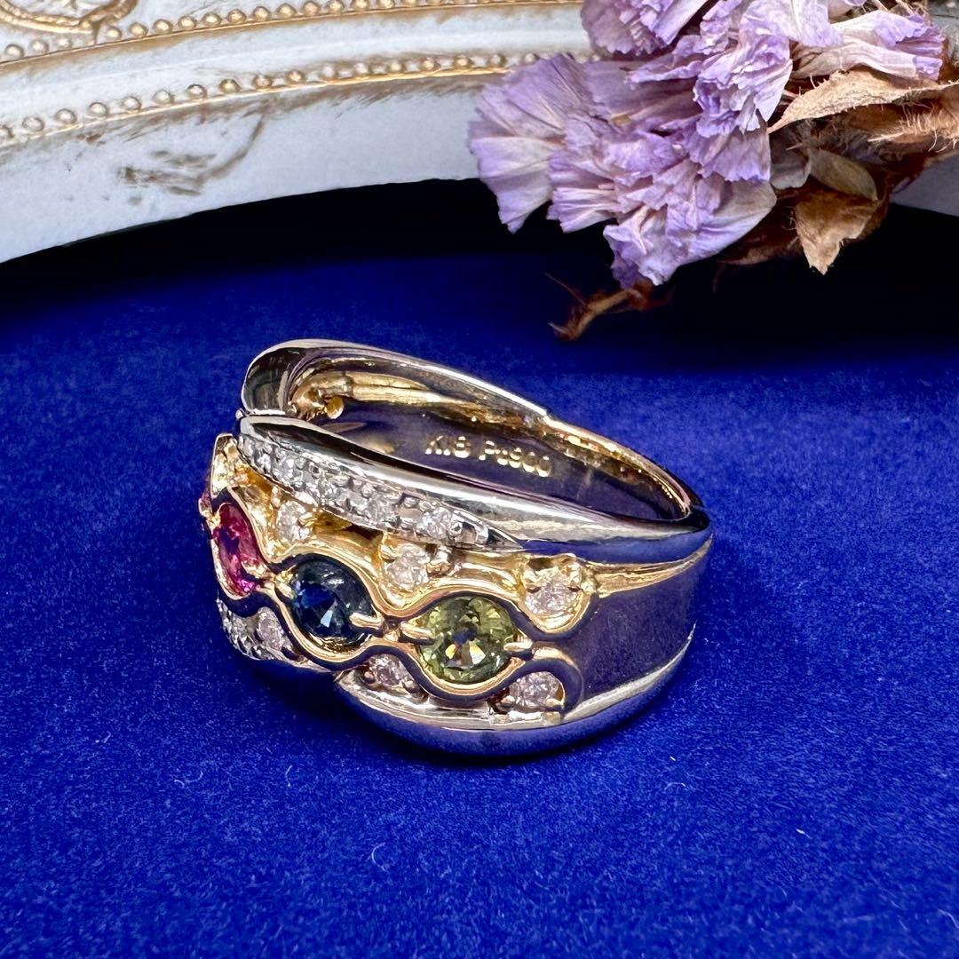 【美品】PT900/K18 カラーサファイア 1.11ct ダイヤモンド リング