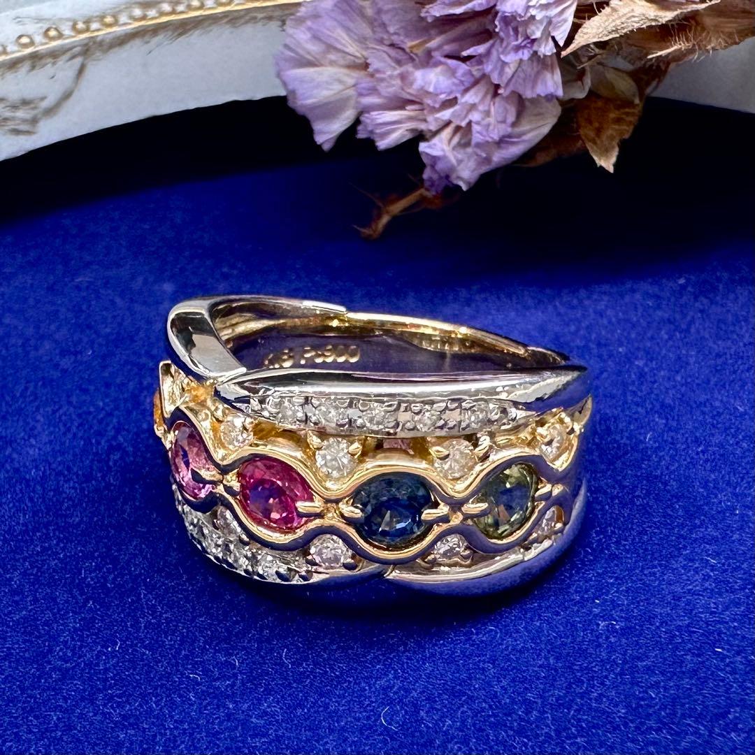 【美品】PT900/K18 カラーサファイア 1.11ct ダイヤモンド リング