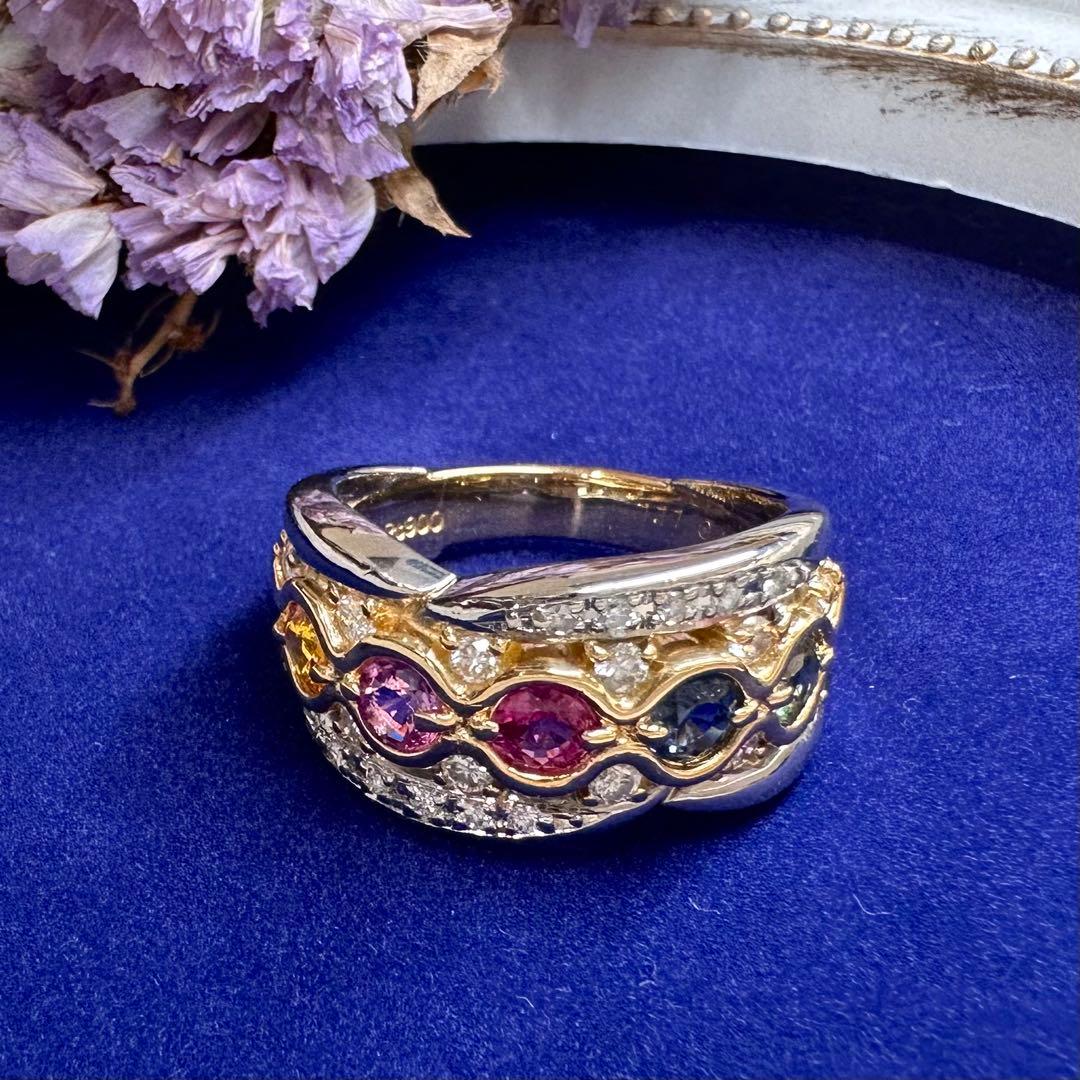 【美品】PT900/K18 カラーサファイア 1.11ct ダイヤモンド リング