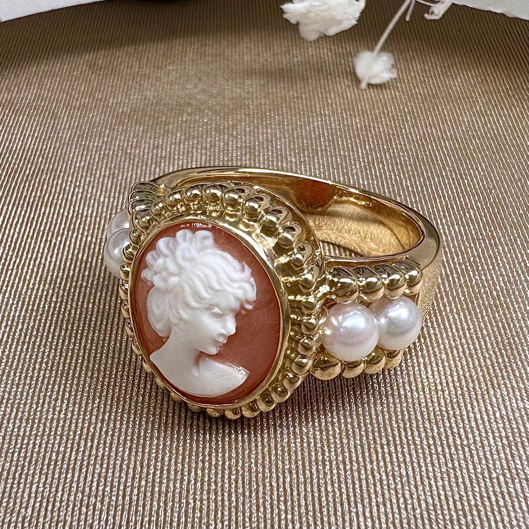 【K18】カメオxアコヤパール 3.3mm リング