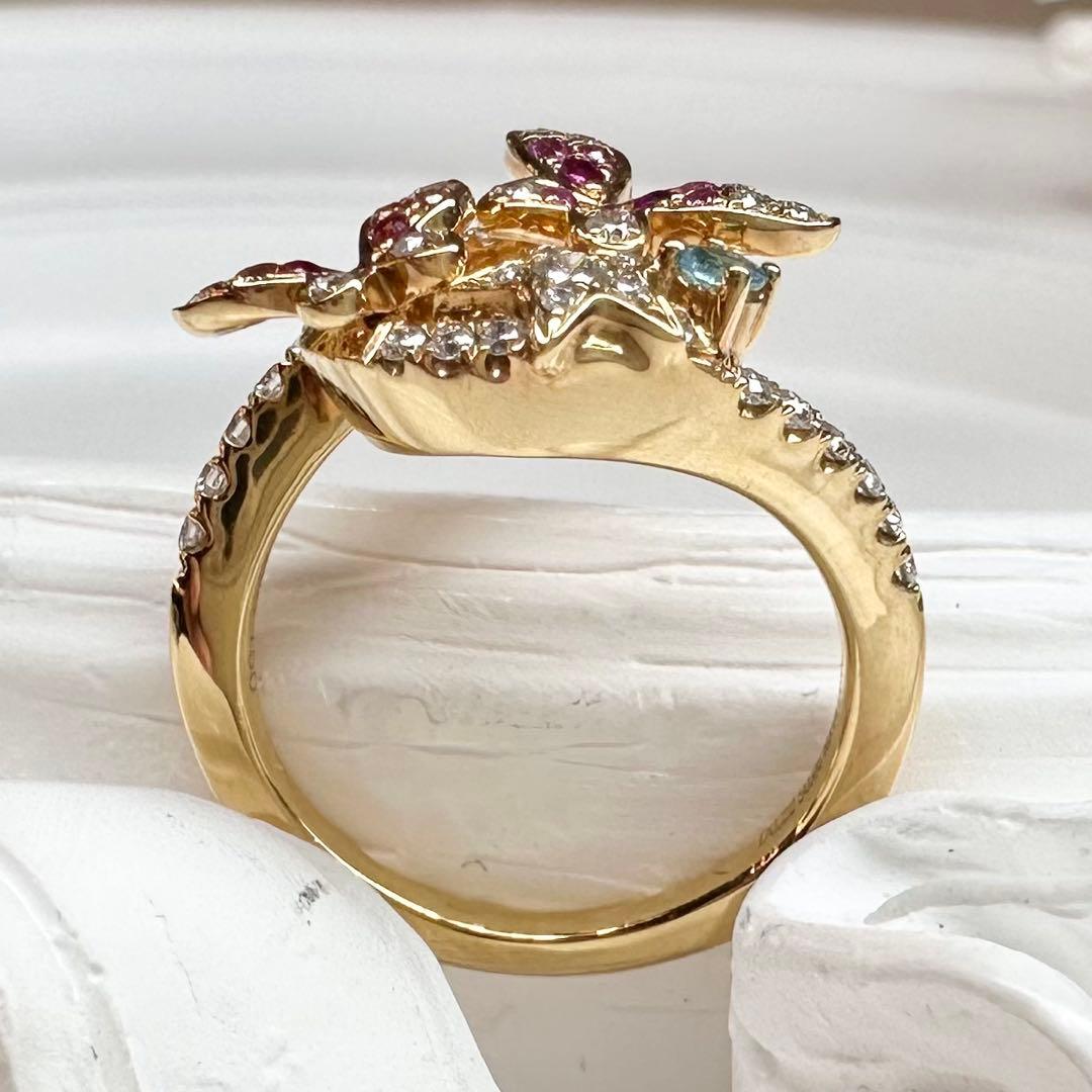 【K18】パライバ 0.03ct バタフライ＆スター デザイン リング