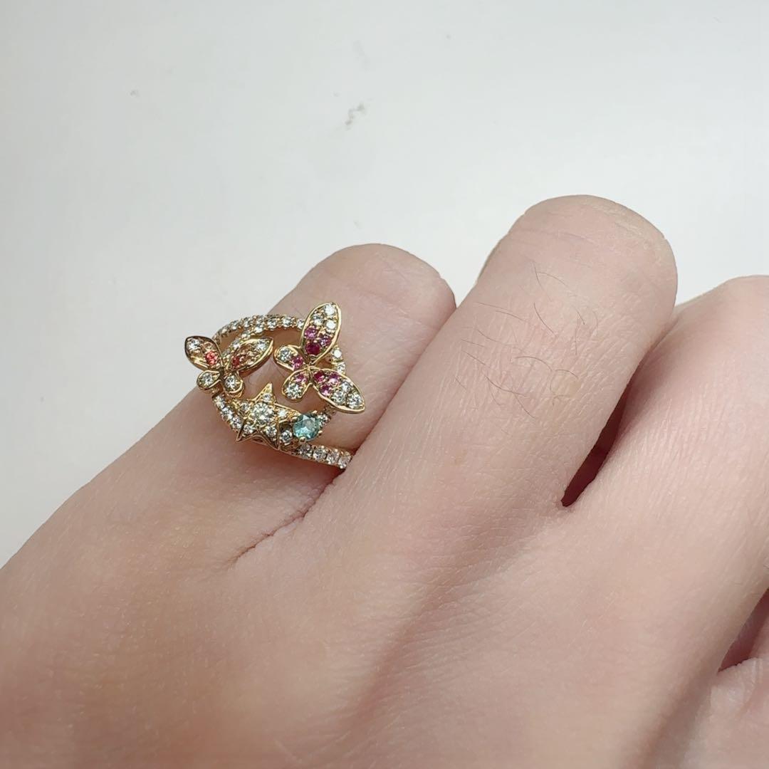 【K18】パライバ 0.03ct バタフライ＆スター デザイン リング