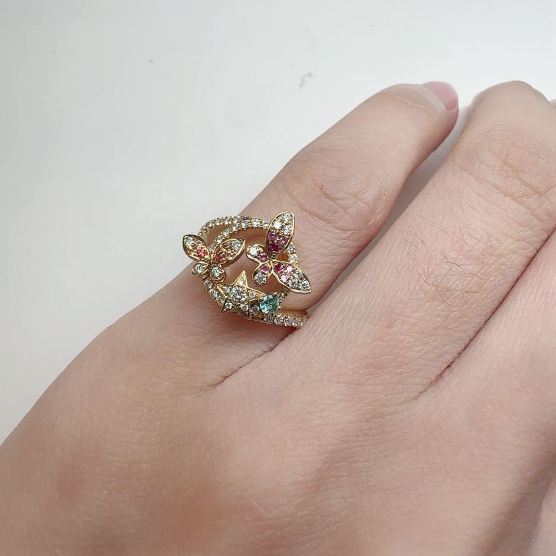 【K18】パライバ 0.03ct バタフライ＆スター デザイン リング