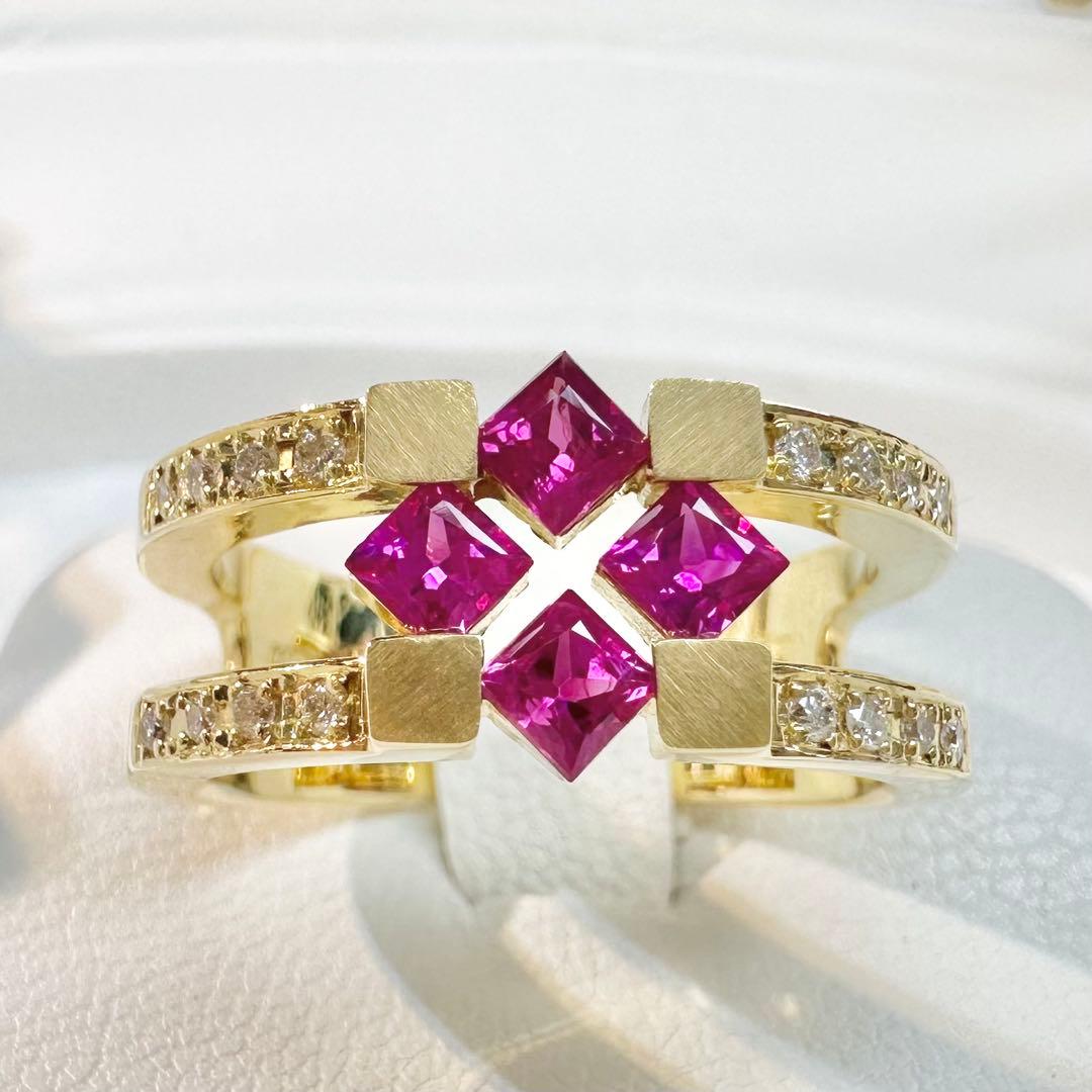 【K18】ルビー 0.55ct ダイヤ モダンデザイン リング