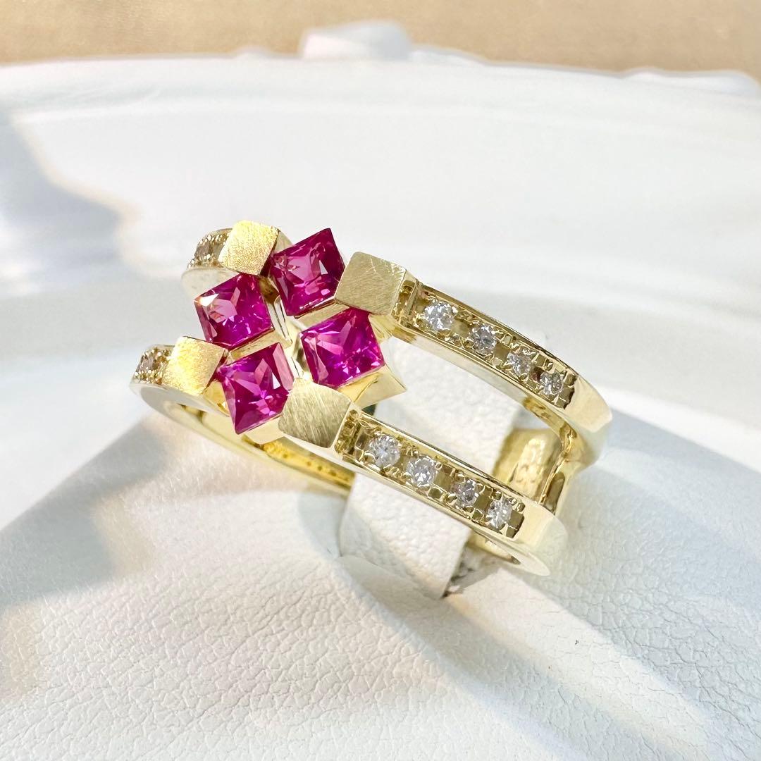【K18】ルビー 0.55ct ダイヤ モダンデザイン リング