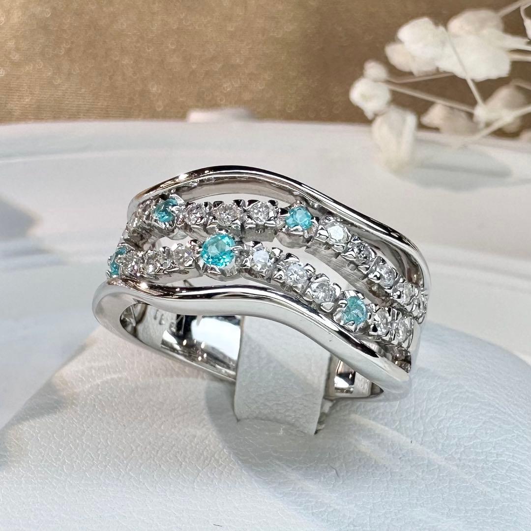 【K18】パライバトルマリン 0.11ct 波型デザイン リング