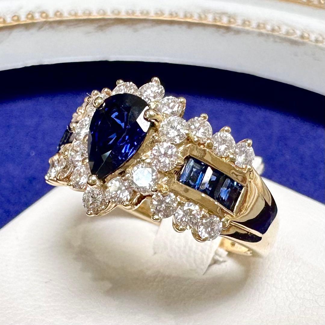 K18 サファイア ダイヤモンド リング 0.88ct ペアシェイプ