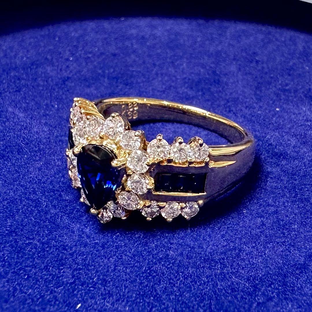 K18 サファイア ダイヤモンド リング 0.88ct ペアシェイプ