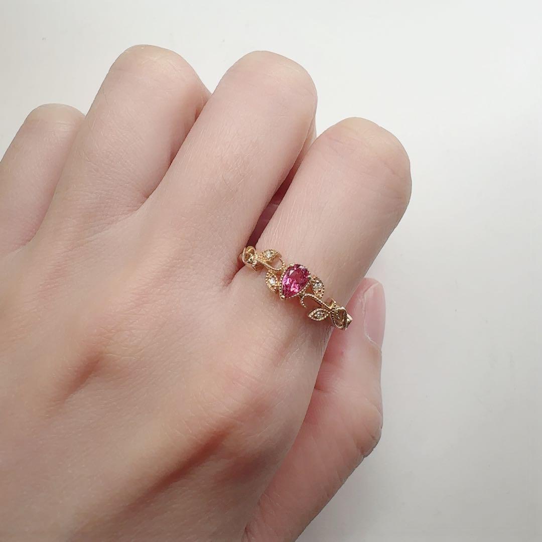 【K18】ピンクトルマリン 0.213ct 葉モチーフ デザイン リング