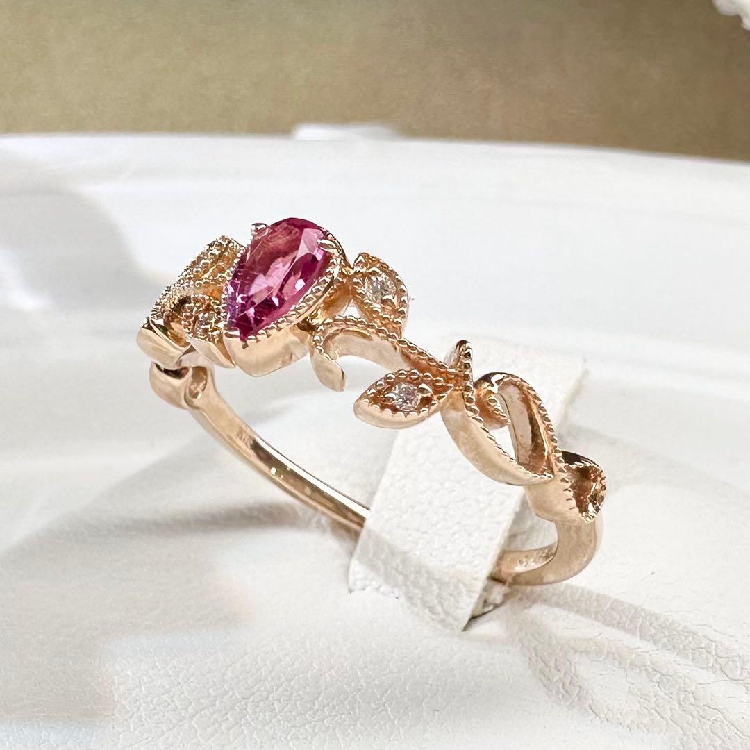 【K18】ピンクトルマリン 0.213ct 葉モチーフ デザイン リング