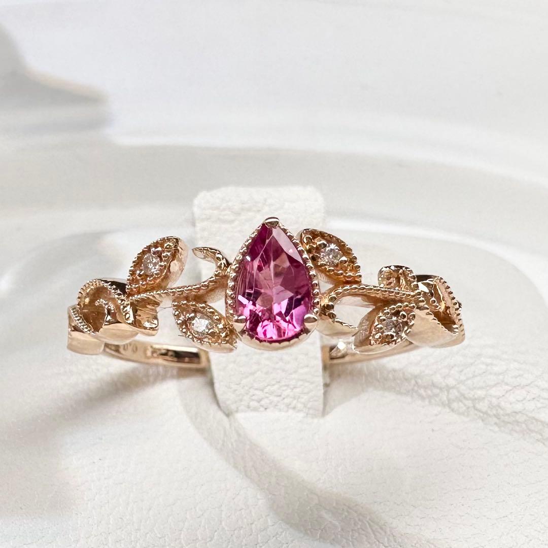 【K18】ピンクトルマリン 0.213ct 葉モチーフ デザイン リング