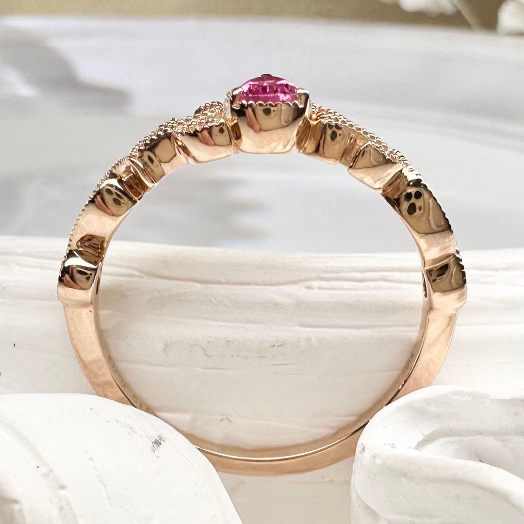 【K18】ピンクトルマリン 0.213ct 葉モチーフ デザイン リング