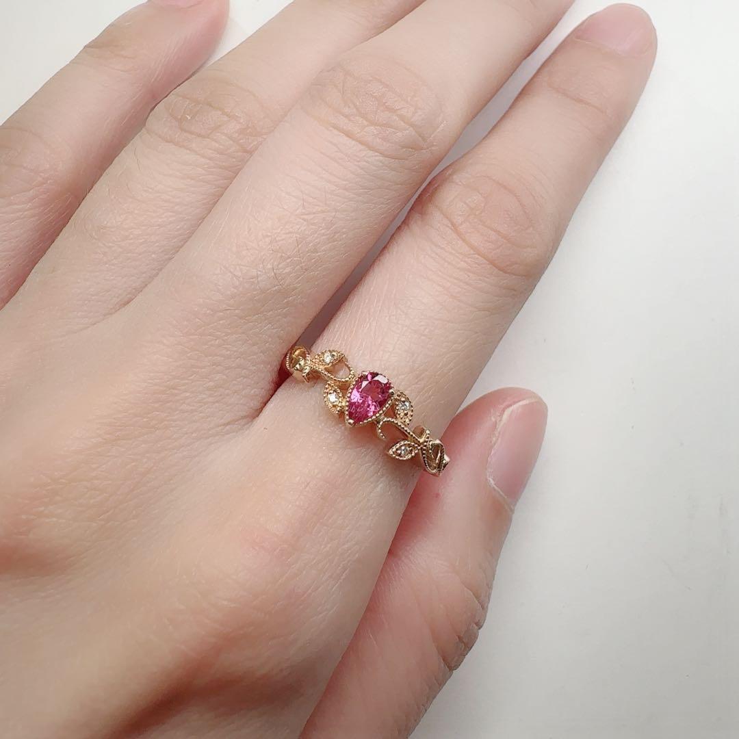 【K18】ピンクトルマリン 0.213ct 葉モチーフ デザイン リング