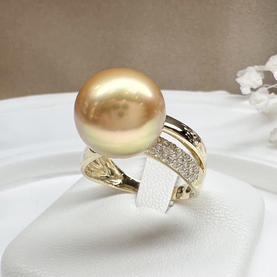 【K18】南洋ゴールデンパール 12.4mm リング ダイヤ付