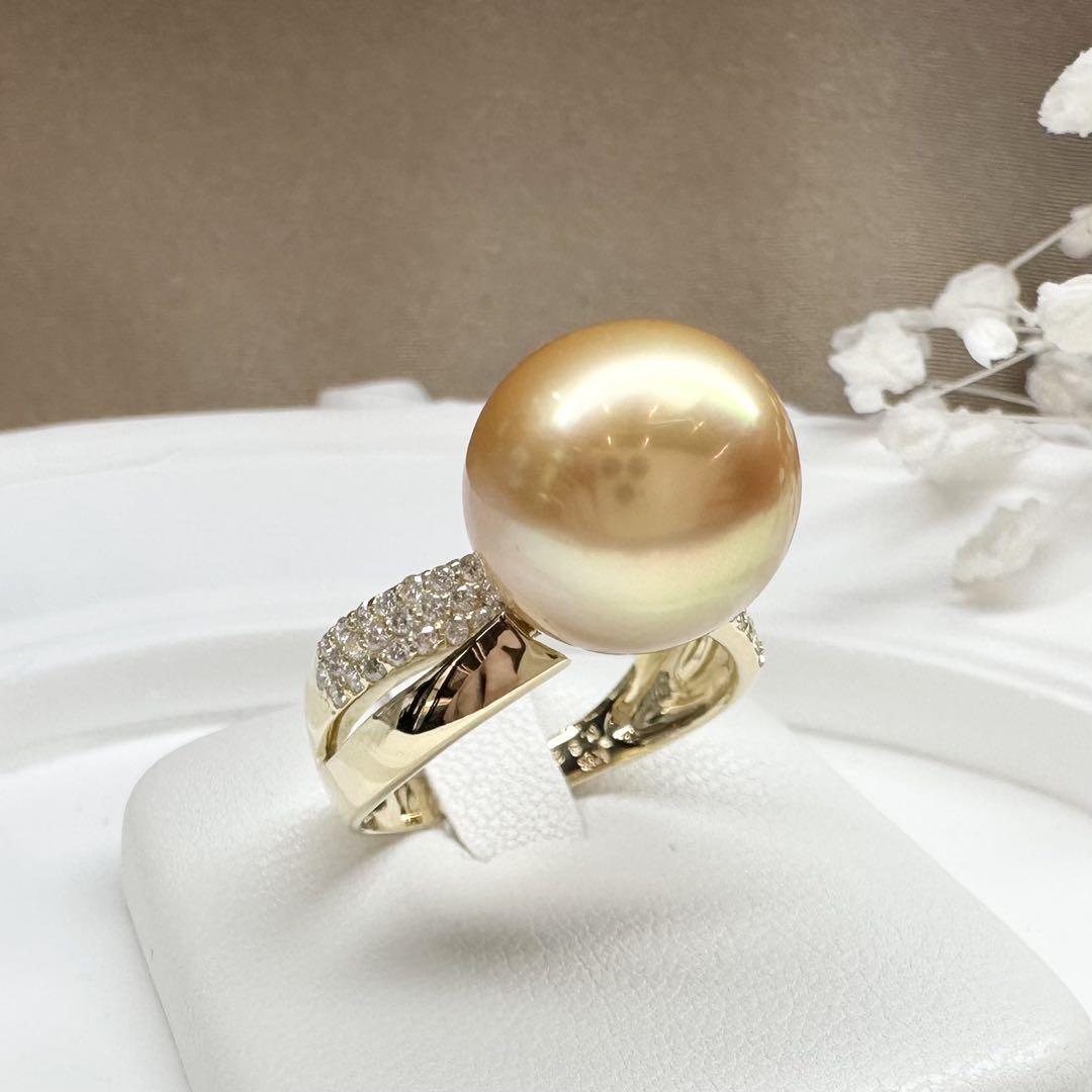 【K18】南洋ゴールデンパール 12.4mm リング ダイヤ付